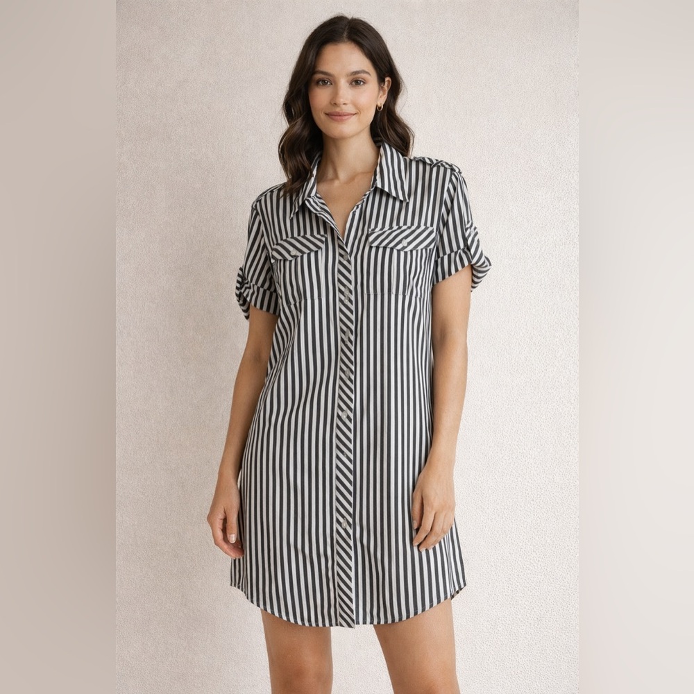 Norma Kamali Black and White Vertical Stripe Shirt Dress